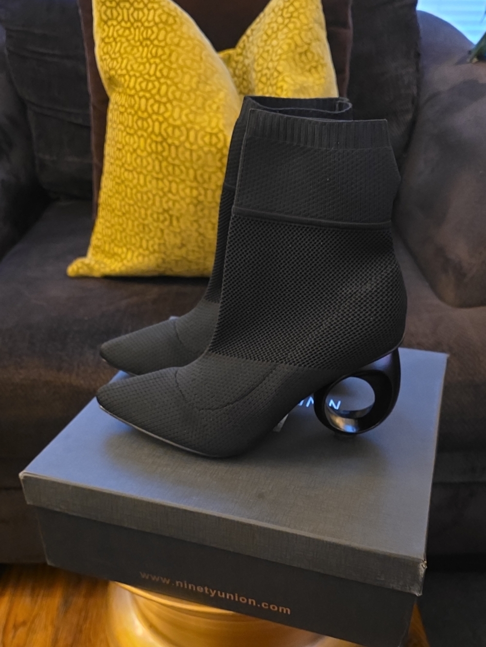 Ninety Union Black Sculptural Circular-Heel Knit Ankle Boots